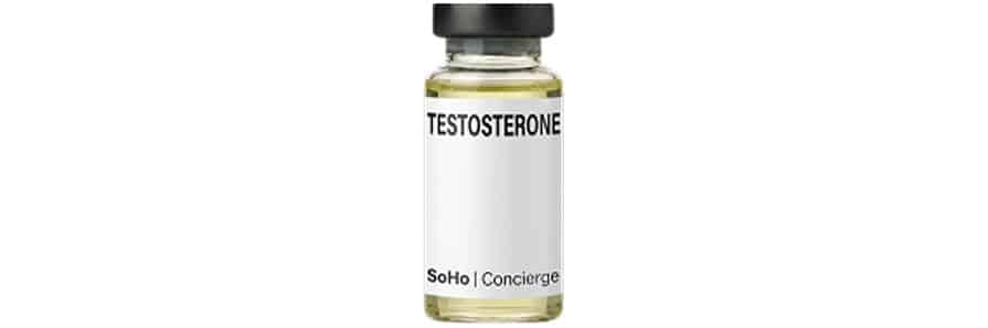 Vial labeled testosterone, clear liquid.